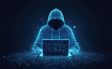 abstract polygonal hacker with laptop on technology dark background.