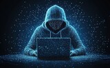 Abstract polygonal hacker with laptop on technology dark background.