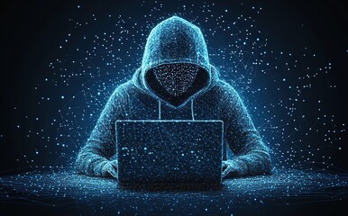 abstract polygonal hacker with laptop on technology dark background.