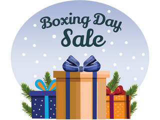 Wall Mural - boxing day sale poster design with gift boxes, fir leaves on white and grey background.