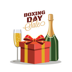 Wall Mural - boxing day sale poster design with gift box, champagne bottle and flute glass on white background.
