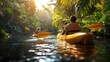 © Chatchai - A serene scene of kayaking through a lush, tropical landscape, with sunlight filtering through the trees.