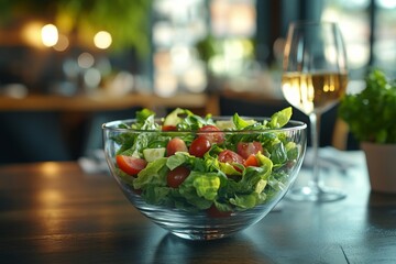 Wall Mural - Fresh salad with cherry tomatoes and herbs served in a modern restaurant setting with a drink