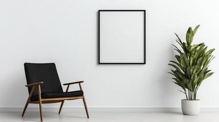 Sticker - Minimalist interior design featuring a black armchair, a large potted plant, and an empty black frame on a white wall.