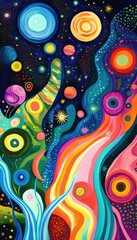  Abstract cosmic landscape with neon stars, bold colored planets, and swirling patterns representing interstellar beauty