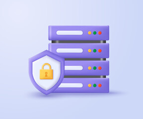 Leinwandbilder - 3D secure server icon. Server with lock on the shield. Minimalist 3D design of Data Center and data protection. 3D concept of Cybersecurity technology, vector illustration.