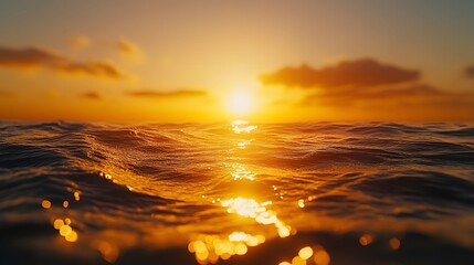 Wall Mural - Tranquil ocean scene capturing sunset reflection on rippling water surface, featuring golden hour colors, shimmering waves, and warm orange glow with dramatic sky.