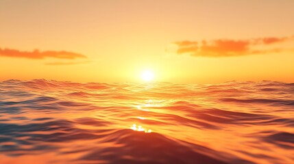 Wall Mural - Tranquil ocean scene capturing sunset reflection on rippling water surface, featuring golden hour colors, shimmering waves, and warm orange glow with dramatic sky.