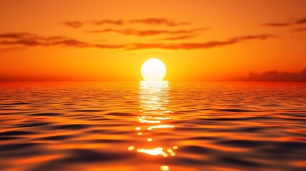 Wall Mural - Tranquil ocean scene capturing sunset reflection on rippling water surface, featuring golden hour colors, shimmering waves, and warm orange glow with dramatic sky.
