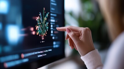 A close-up of a hand interacting with a touch screen shows blurred light effects, highlighting technology's integration with daily human interaction and engagement.