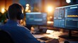 © Pinklife - An audio producer sits with headphones at a dual-monitor setup, intensely focused on crafting digital music tracks, symbolizing passion and concentration.