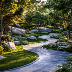serene landscape design featuring winding pathway surrounded by lush greenery, vibrant flowers, and 