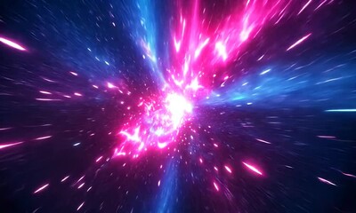 Abstract background in blue and purple neon glow colors. Speed of light. Explosion in universe