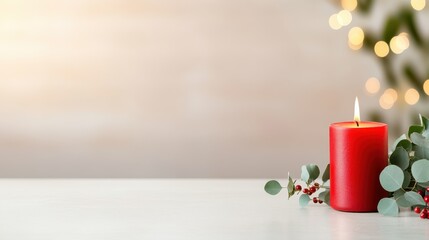 Wall Mural - A vibrant red candle sits beside eucalyptus branches with soft bokeh lights in the background, creating a serene and festive atmosphere perfect for the holidays.