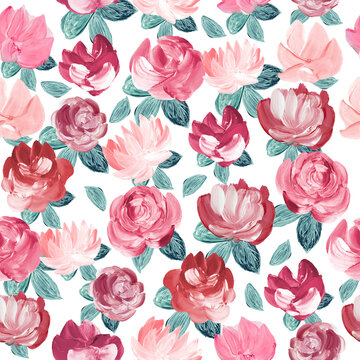 Fototapete -  - Seamless pattern of abstract pink flowers, original hand drawn, impressionism style, color texture, brush strokes of paint, art background