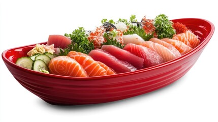 Wall Mural - Colorful Sashimi Bowl in a Red Boat Dish