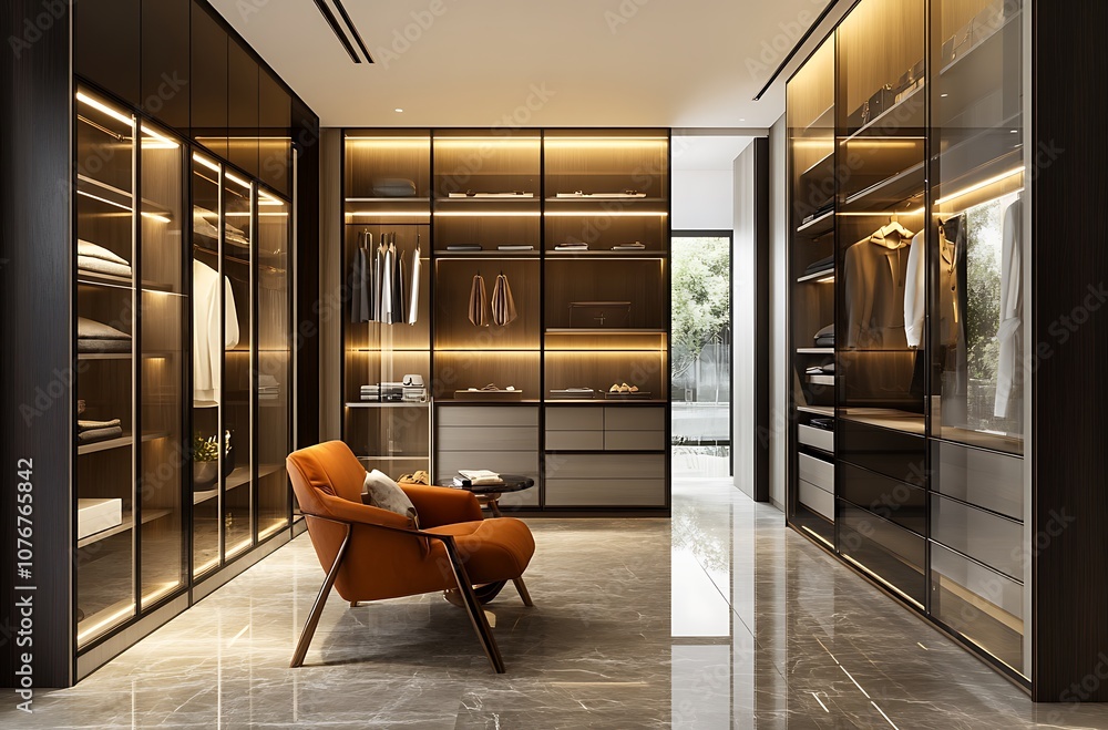 Elegant 3D Rendering of a Walkin Closet Interior with Glass Doors and