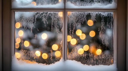 Wall Mural - icy window glass with glowing warm christmas lights blurred in the background in a serene winter set