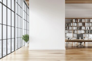 Sticker - White wall in a modern office interior bookshelves bookshelf floor.