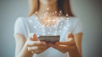 Fototapete - A person holding a smartphone with a facial recognition icon on screen representing biometric fintech security with side empty space for text Stockphoto style