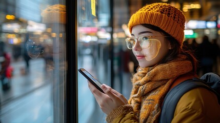 Wall Mural - A person holding a smartphone with a facial recognition icon on screen representing biometric fintech security with side empty space for text Stockphoto style