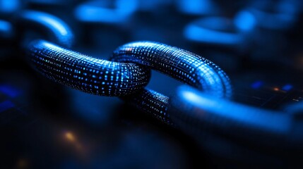 Fototapete - An abstract 3D blockchain structure with interconnected nodes representing secure digital transactions and fintech technology with side empty space for text Stockphoto style