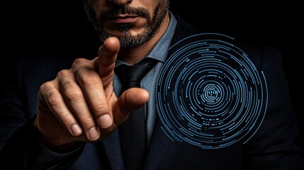 Fototapete - A digital display of a fingerprint icon hovering over a secure payment screen symbolizing the role of biometrics in fintech security with side empty space for text Stockphoto style
