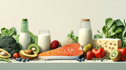 Wall Mural - Table with various types of food including fish milk vegetables