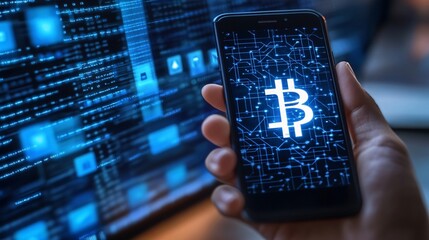Fototapete - A hand holding a smartphone showing a blockchain structure on screen symbolizing transparent transactions with side empty space for text Stockphoto style