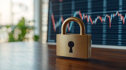 Fototapete - A digital illustration of a padlock over financial data symbols representing fintech security with side empty space for text Stockphoto style