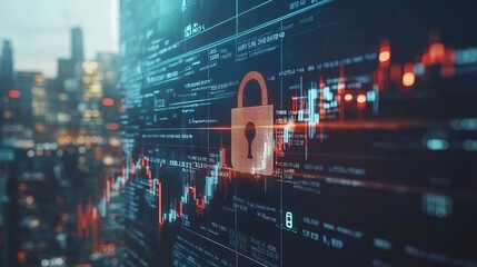 Wall Mural - A digital illustration of a padlock over financial data symbols representing fintech security with side empty space for text Stockphoto style