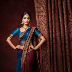 Beautiful Bollywood dancer in traditional attire, elegant and vibrant, with copy space