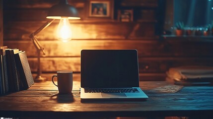 Fototapete - Cozy home workspace with a laptop, a coffee mug, and personal items like family photos and books on a wooden desk with warm lighting, evoking a balanced work-life feel with side empty space for text