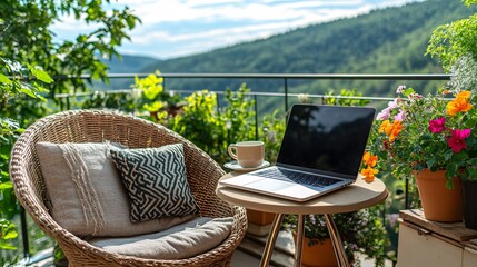 Fototapete - Remote work setup on a balcony with scenic mountain views, showing a laptop on a table and a comfortable chair with a cup of tea, suggesting a flexible work environment with side empty space for text