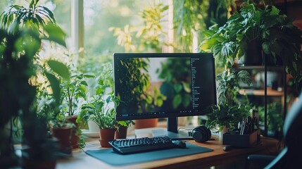Fototapete - Individual on a video call from a stylish home office, wearing headphones, with indoor plants and minimalistic decor, emphasizing a well-organized remote setup with side empty space for text