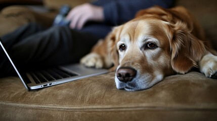 Fototapete - Casual work atmosphere with a person sitting cross-legged on a sofa, a laptop on their lap, and a dog lying next to them, creating a warm home-office feel with side empty space for text Stockphoto