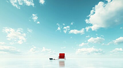 Fototapete - Outdoor scene of a person sitting on a beach chair with a laptop, surrounded by nature, blue sky, and ocean waves, symbolizing freedom in work location with side empty space for text Stockphoto style
