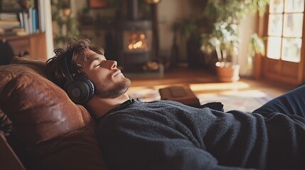 Fototapete - Individual on a video call from a stylish home office, wearing headphones, with indoor plants and minimalistic decor, emphasizing a well-organized remote setup with side empty space for text