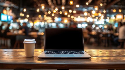 Fototapete - Freelancer working in a bustling cafe, laptop and coffee cup on the table, with blurred background of people in conversation, evoking productivity in dynamic environments with side empty space for