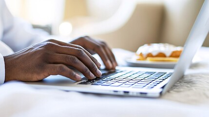 Fototapete - Person typing on a laptop from bed, with a breakfast tray nearby, symbolizing flexibility in work location with side empty space for text Stockphoto style