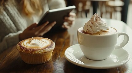 Fototapete - Remote worker on a tablet in a cafe setting, wearing casual attire with coffee and a dessert on the table, blending work and leisure in a trendy spot with side empty space for text Stockphoto style