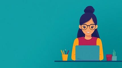 Fototapete - Businessperson in a virtual meeting on a laptop, surrounded by work essentials, against a sleek, modern home office background with side empty space for text Stockphoto style