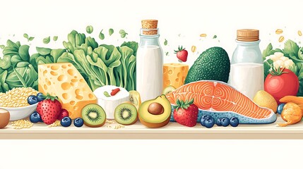 Wall Mural - Table with various types of food including fish milk vegetables