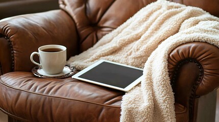 Fototapete - Person seated on a cozy armchair with a tablet, blanket, and a cup of tea nearby, in a softly lit room, portraying comfort in remote work with side empty space for text Stockphoto style