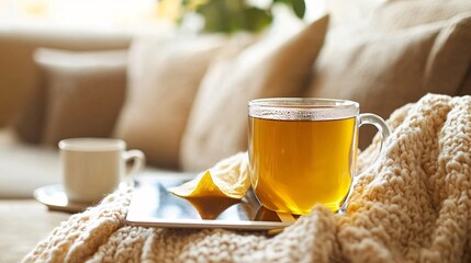 Wall Mural - Person seated on a cozy armchair with a tablet, blanket, and a cup of tea nearby, in a softly lit room, portraying comfort in remote work with side empty space for text Stockphoto style