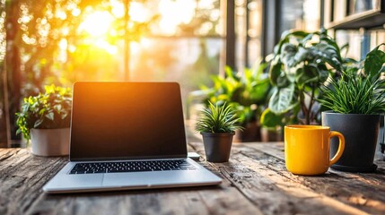 Fototapete - Hands typing on a laptop at a desk with a background of open windows and gentle sunlight, representing a fresh work-from-home environment with side empty space for text Stockphoto style