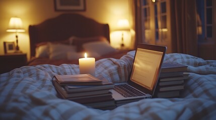 Fototapete - Desk in a cozy home nook with a laptop, stack of books, and decorative items, displaying a personalized and comfortable remote workspace with side empty space for text Stockphoto style
