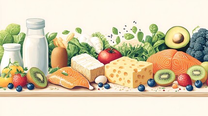 Wall Mural - Table with various types of food including fish milk vegetables