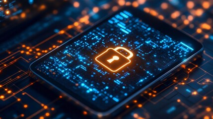 Fototapete - An image of a smartphone and laptop with a digital lock icon signifying cyber security in fintech with side empty space for text Stockphoto style