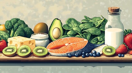 Wall Mural - Table with various types of food including fish milk vegetables